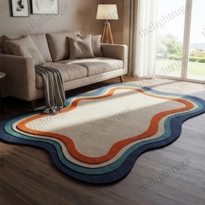 Retro Waves Rug 6x9 |New Design Hand-Tufted Wool Area Rug for Living Room & Bedroom | Vintage Style Home Decor
