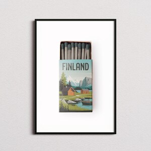 Impresión de caja de cerillas de Finlandia, impresión de Finlandia, póster de Finlandia, arte mural de Finlandia, impresión artística de Finlandia, regalos de Finlandia
