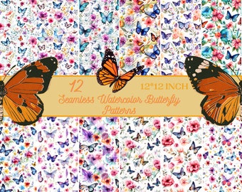 Vibrant Watercolor Wildflower Butterfly Papers - 12 Seamless Floral Butterfly Digital Papers for commercial use, monarch butterfly,