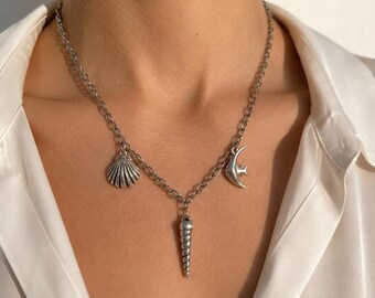 Silverhalsband, Snäckhalsband, Snäckhalsband, Sommarberlockhalsband, Rostfri stålkedja, Kustsmycken
