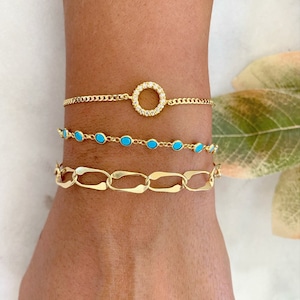 Gold Plated Sterling Silver Bracelet Set, Turquoise & Zircon Charm