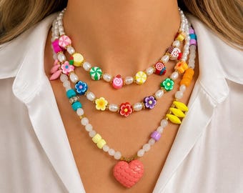 Handmade Necklace, Beaded Necklace, Layered Necklace, Summer Necklace, Boho Necklace, Heart Pendant
