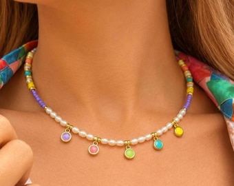 Freshwater Pearl Necklace, Beaded Necklace, Summer Necklace, Summer Pendant, Colorful Enamel & Glass Beads Jewelry, Made in Greece.