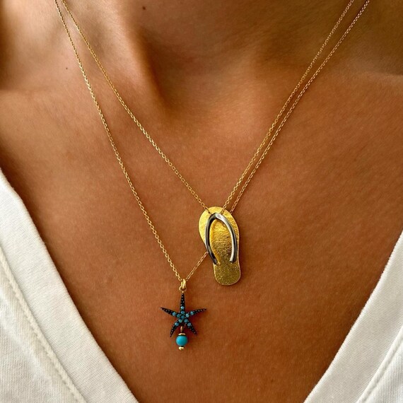 Sandals Pendant, Starfish Necklace, Nautical Beach Jewelry, Gold