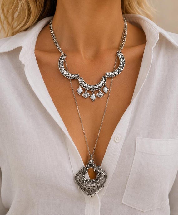 Silver Necklace, Bohemian Necklace, Boho Necklace Set, Heart Charm Necklace,  Tribal Pendant, Made in Greece.