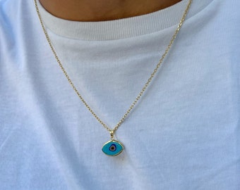 Gold Evil Eye Necklace Men, Evil Eye Charm, Mens Necklace, Gold Chain Necklace, Mens Jewelry, Gift for Him, Made from Sterling Silver 925.