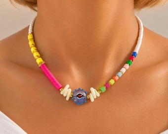 Collar colorido, collar de verano, collar de cuentas, amuleto del ojo turco, collar bohemio, joyería de verano, hecho en Grecia.
