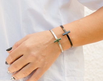 Stainless Steel Cross Bangle Bracelet, Adjustable Silver Cuff
