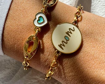 Gold Bracelet, Heart Bracelet,  'Mom' Bracelet Set, Enamel Charm Bracelet, Mothers Bracelet, Motherr's Jewelry