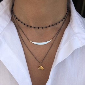 Black Layering Chain Necklaces, Black Beaded Rosary Necklace, Handmade Charm Pendant, Made from Sterling Silver 925.
