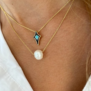 Minimalist Evil Eye Necklace Gold, Protection Necklace, Pearl Necklace, Gift for Her, Made from Gold Plated Sterling SIlver 925.