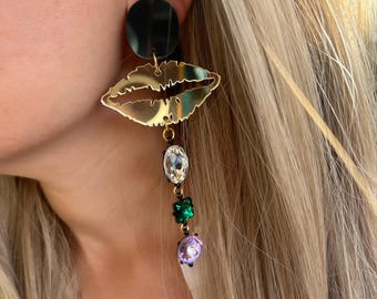 Long Earrings, Clip On Earrings, Dangle Earrings, Drop Earrings, Non Pierced Ears, Gold Lips, Strass Crystals
