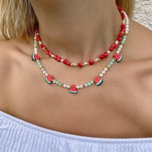 Colorful Beaded Watermelon Necklace, Summer Fruit Choker, Handmade Cute Jewelry, Layering Necklace, Beach Holiday Gift for Her