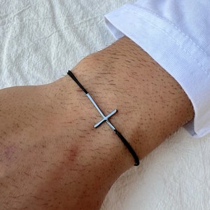 Men&#39;s Cross Bracelet Sterling SIlver, Cord Bracelet Men, Cross Jewelry, Gift for Him, Made From Sterling Silver 925, Made in Greece.