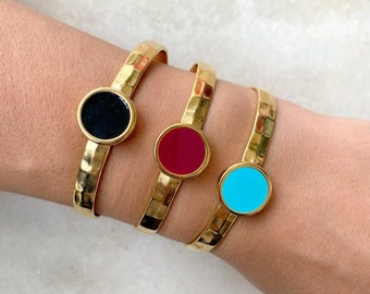 Gold Bangle Bracelet with Enamel Stone, Cuff Bracelet, Colorful Bangles