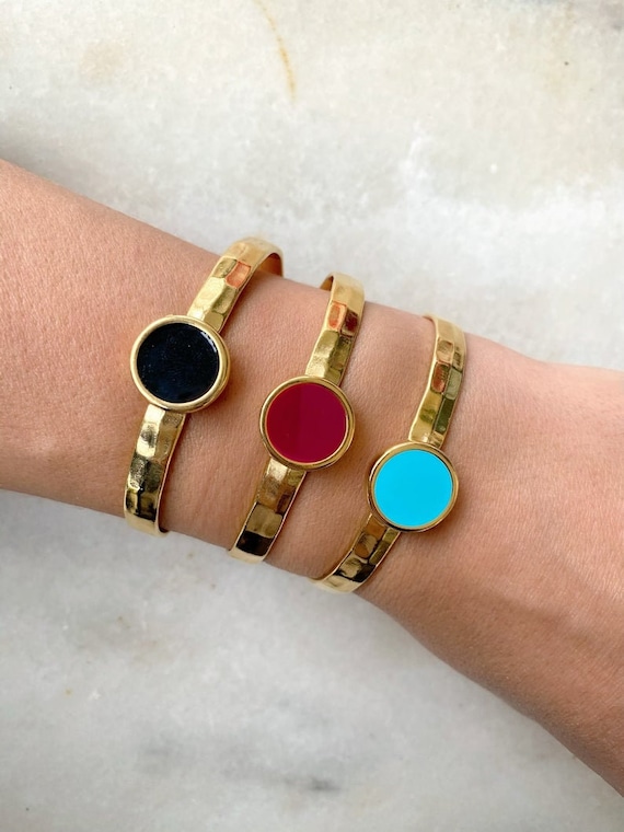 Gold Bracelet, Gold Bangle Bracelet, Gold Cuff, Women Cuff Bracelet, Enamel Stone Bracelet, Open Cuff Bracelet, Colorful Bangles