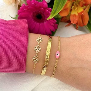 Pulsera de ojo malvado rosa, pulsera de ojo malvado minimalista, oro rosa, pulsera de brazalete de oro, hecha de plata de ley 925.
