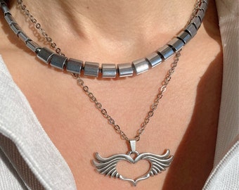 Collar de corazón de plata hecho a mano, collar con dije de corazón largo, collar de hematita de plata, collar de cuentas, hecho de acero inoxidable.