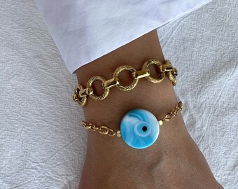 Handgemachte Evil Eye Sommer Armband, Gold Chunky Kette Armband, Strand Armbänder, Evil Eye Schmuck, Geschenk für Sie, aus Edelstahl.