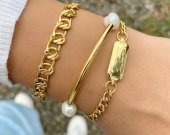 Pulsera de oro, pulsera de cadena de oro, pulsera para mujer, conjunto de pulseras de acero inoxidable, pulsera de perlas de agua dulce, pulsera de cadena delicada