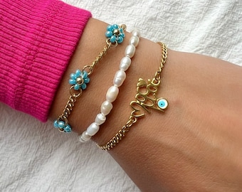 Freshwater Pearl Bracelet, Stainless Steel Chain, Flower Charm