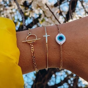 Evil Eye Bracelet Gold Sterling Silver 925, Gold Cross Bracelet, Evil Eye Charm Bracelet, Greek Jewelry, Dainty Bracelet, Gift for Her.
