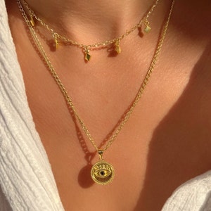 Minimalist Gold Plated Evil Eye Necklace, Gold Dainty Chain Necklace, Layering Necklace, Made from Sterling Silver 925.