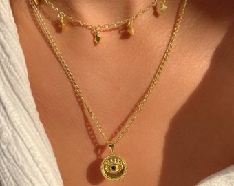 Minimalist Gold Plated Evil Eye Necklace, Gold Dainty Chain Necklace, Layering Necklace, Made from Sterling Silver 925.