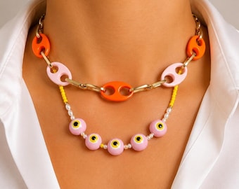 Colorful Necklace, Evil Eye Necklace, Beaded Necklace, Summer Necklace, Beach Jewelry