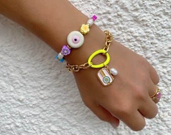 Evil Eye Beaded Bracelet, Freshwater Pearls, Enamel, Gold Chain