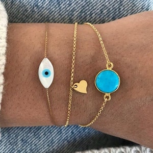 Minimalistisches Auge Armband, zierliches Auge Armband, geschichtetes Armband Set, Türkis Armband Sterling Silber 925.