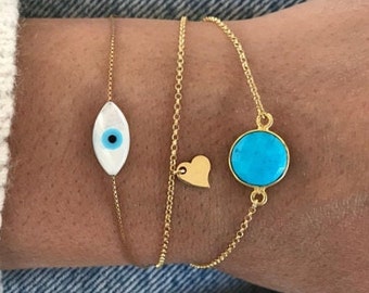 Minimalist Evil Eye Bracelet, Dainty Evil Eye Bracelet, Layered Bracelet Set, Turquoise Bracelet Sterling Silver 925.