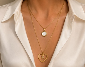 Gold Necklace, Layered Necklaces, Heart Necklace, Stainless Steel Heart, Disc Pendants