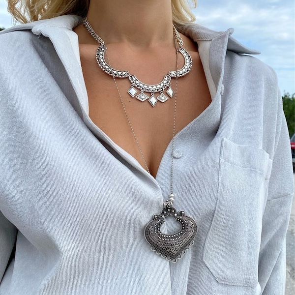 Collier Boho en argent, collier long en couches, collier de déclaration, cadeau pour elle, fabriqué en Grèce.