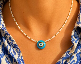 Enamel Necklace, Evil Eye Necklace, White Beaded Necklace, Gold Necklace, Protection Jewelry, Made in Greece.