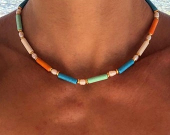 Collar de cuentas colorido, collar de verano, collar de cerámica colorido, collar de cuentas de perlas, joyería de playa, regalo para ella, hecho en Grecia.