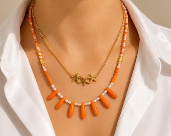 Summer Necklace, Layered Necklace Set, Gold Necklace, Starfish Necklace, Pearl Necklace,  Beaded Charm Necklace