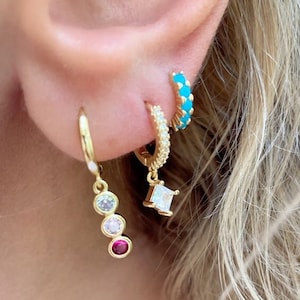 Minimalist Hoop Earrings, Gold Plated Sterling Silver, Zircon & Turquoise