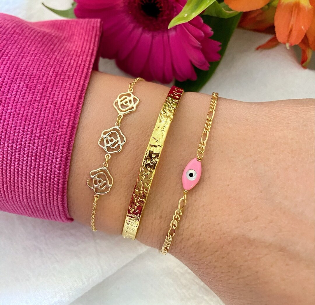 Pink Evil Eye Bracelet Minimalist Evil Eye Bracelet Gold Etsy