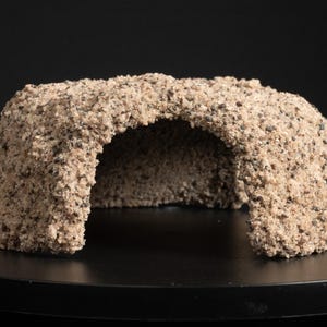 May include: A beige, cave-like structure with a textured surface, likely for reptile or amphibian habitats. The structure has an arched opening and sits on a black surface. The material appears to be a composite of small, dark and light-colored particles.
