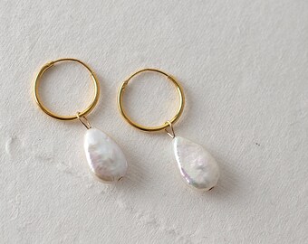 Astri Waterdrop Pearl Earrings On Gold Vermeil Sleeper Hoops