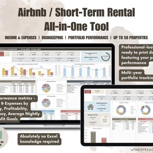 Op de afbeelding: Een laptop en tablet tonen een financieel dashboard voor Airbnb en short-term rental properties. De afbeelding benadrukt belangrijke prestatie-indicatoren, waaronder inkomsten, uitgaven en winstdoelen. De tekst bevat "All-in-One Tool" en "Geen Excel-kennis vereist".