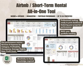 Airbnb Short Term Rental All in One Excel Template Vacation Rental Performance Analysis Income Expenses Bookkeeping Profit & Loss Occupancy