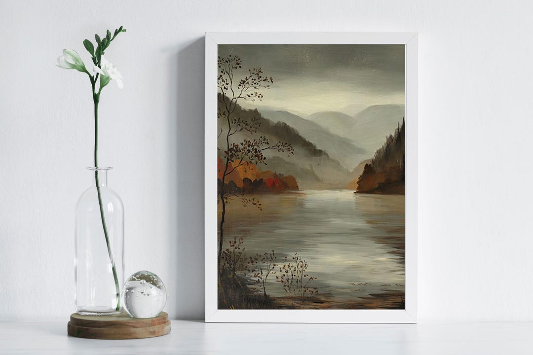 Printable Autumn Misty Mountain Landscape, Vintage Fall Lake Scene Wall ...