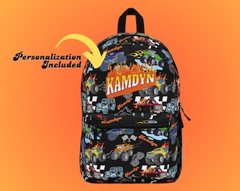 Personalized Monster Truck Backpack: Custom Name School Bag