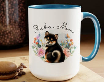 Aquarelle noire et beige Shiba Mom | Tasse Shiba Inu bronzage noire | Mug maman Shiba | tasse florale | Esthétique Cottagecore | Shiba noir et feu