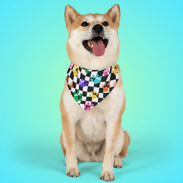 Retro Dog Bandana | Black & White Checkered Neon Pawprints Bandana Collar | 90s Dog Collar | Y2K Aesthetic Dog Bandana
