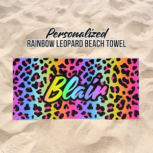 Personalized Rainbow Leopard Beach Towel | Custom Name Beach Towel | Retro 90s Beach Towel | Vintage Personalized Beach Towel