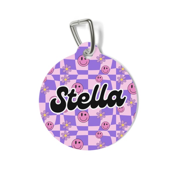 Retro Pink & Purple Pet Tag Personalized Preppy Smiley Face Custom Dog Tag Customized Cat Tag Pet Identification Tag Collar Pet ID Tag