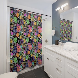Preppy Smiley Shower Curtain | Wavy Smiley | Drippy Smiley | Colorful Fun Shower Curtain | 90&#39;s Shower Curtain | Coordinating Bathroom Decor